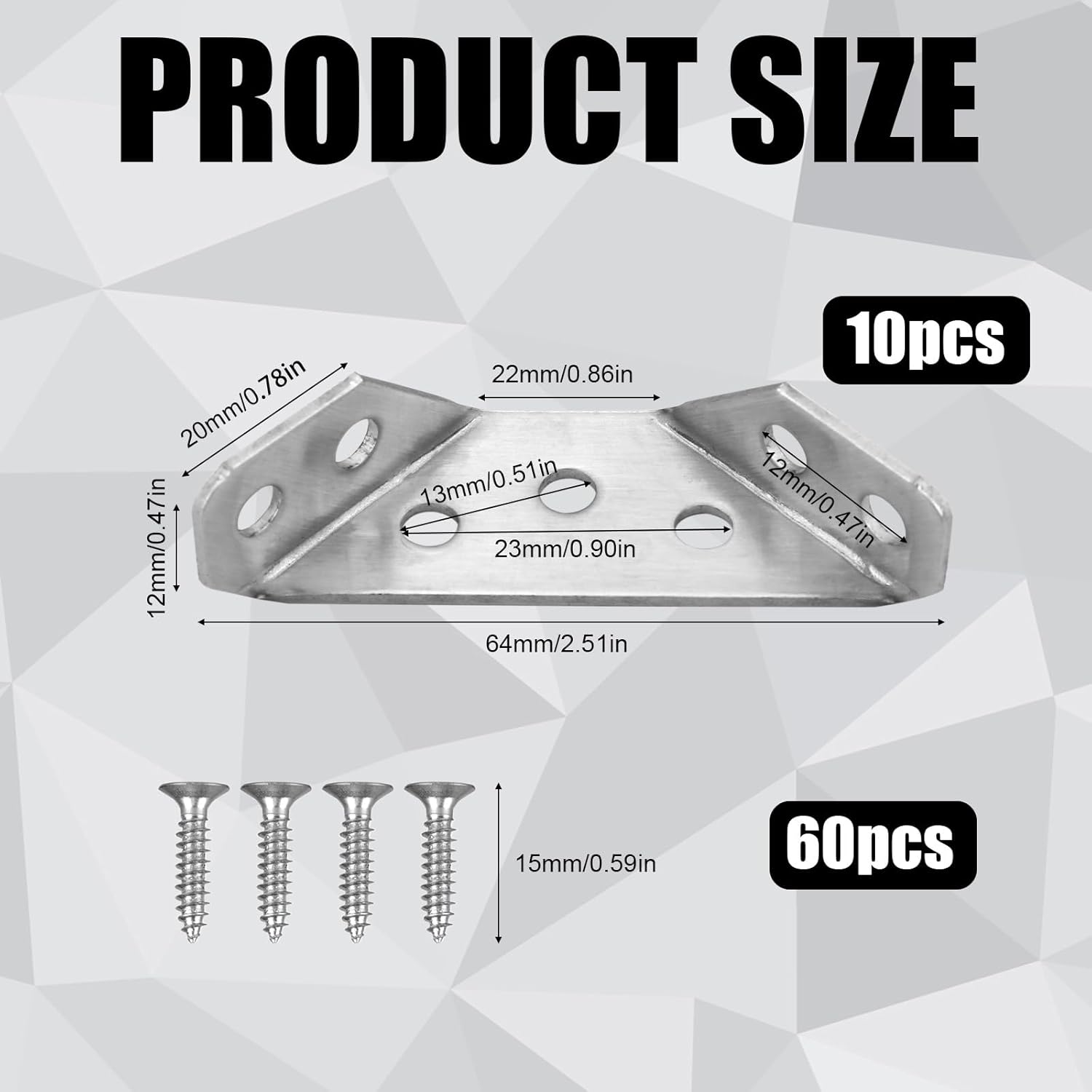 Generic 10pcs Stainless Steel Corner Brackets with 60 Screws, Furniture Triangle Support Frame, Corner Fasteners, Angle Brace for Cabinet Shelf Table Chair