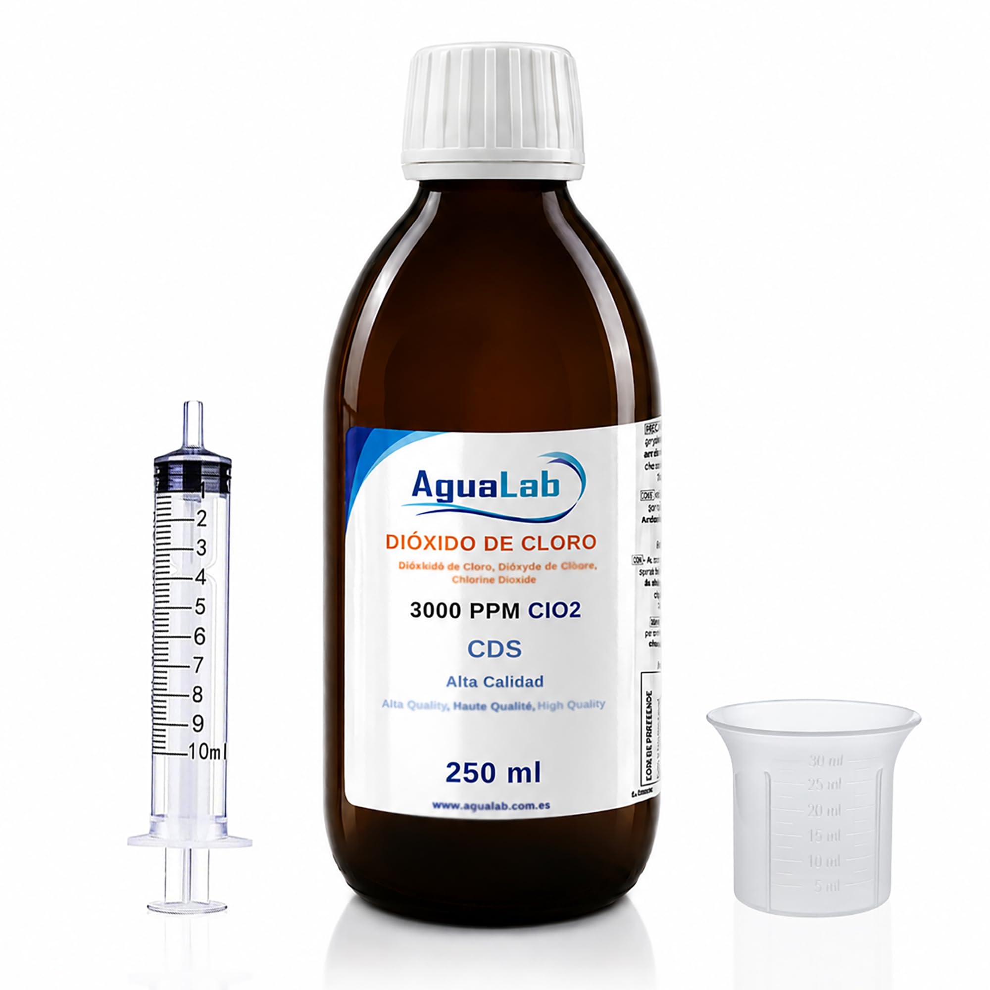 Agualab® Chlorine Dioxide 250 ml Glass 3000 PPM with ultra-pure water. Made in Spanish registered laboratory.