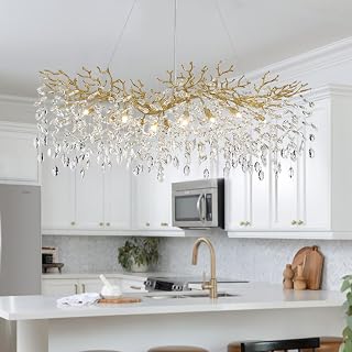 Modern Crystal Chandeliers for Dining Room - L47.2 inch Luxury Gold Tree Branches Chandelier Lighting, Rectangular High Ceiling Hanging Raindrop Pendant Light Fixture