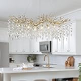 TMAFON Modern Crystal Chandeliers for Dining Room - L47.2 inch Luxury Gold Tree Branches Chandelier Lighting, Rectangular High Ceiling Hanging Raindrop Pendant Light Fixture