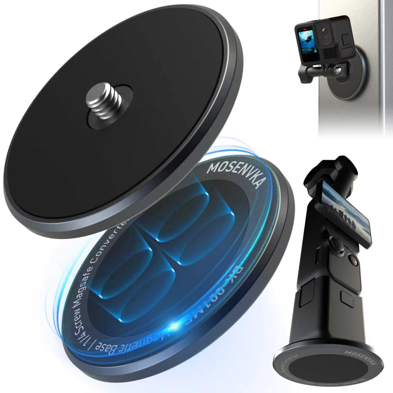 MOSENVKA GoProカメラウント マグネッネジベース magsafe対応 アクションカメラ用 磁気1/4-20ネジ マグネット式 レシーバーベース カメラアクセサリー アルミニウム製 マグセーフ 1/4‘’ 変換アダプター マホホルダー 1/4"マグネット 強力磁石 マグセー GoPro/DJI OSMO Action/Insta 360アクションカメラ対応 動画撮影 ブログ用