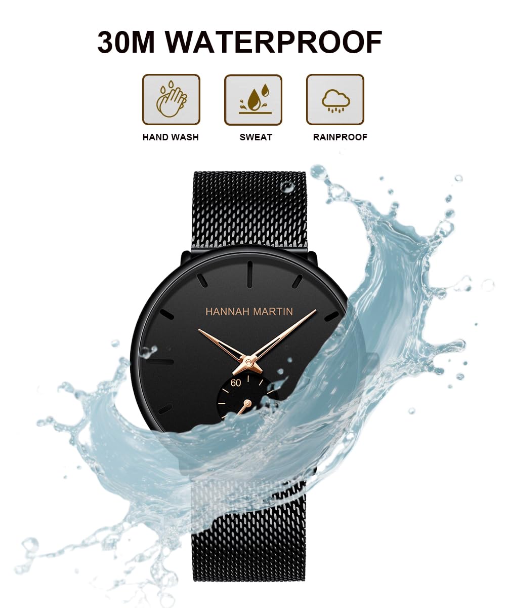 Orologio da polso da uomo, alla moda, nero, ultra sottile, minimalista, unisex, con cinturino in maglia in acciaio inox