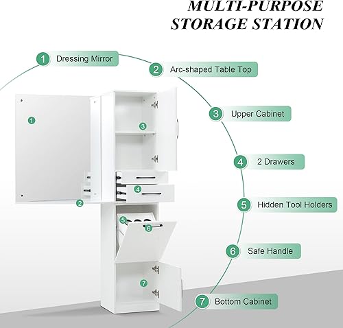 Miniatura 4 de BarberPub Estación de espejo de montaje en pared con cajones de almacenamiento y estante, estación de peluquería, equipo de belleza 3034 (blanco)