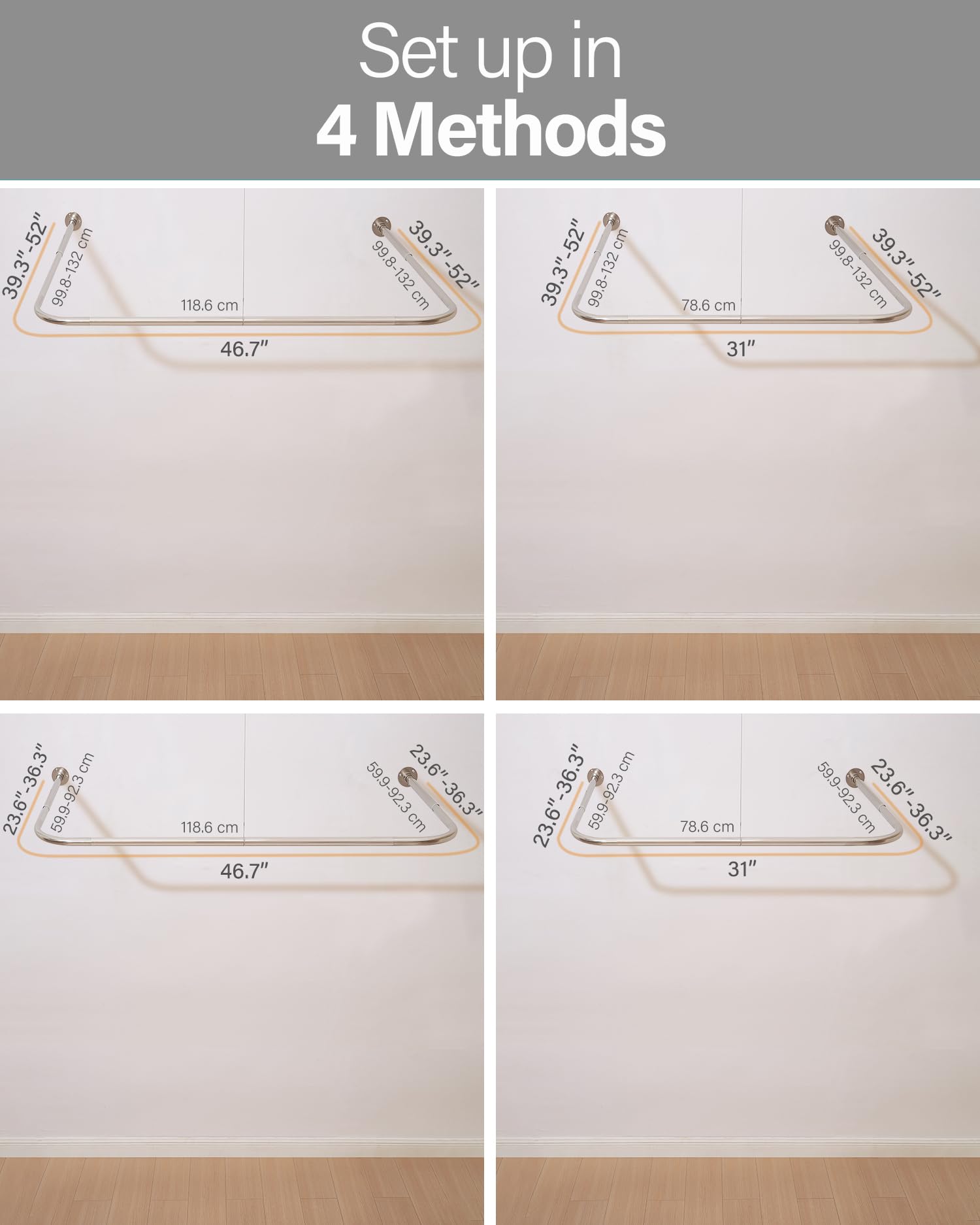 Bastone Tenda Doccia a Forma di U, [Entrambi i lati: 60 cm - 132 cm, Medio: 76,2 cm - 116,8 cm] Barra Doccia Angolare Regolabile per il Bagno con 12 Ganci e Supporto per Soffitto