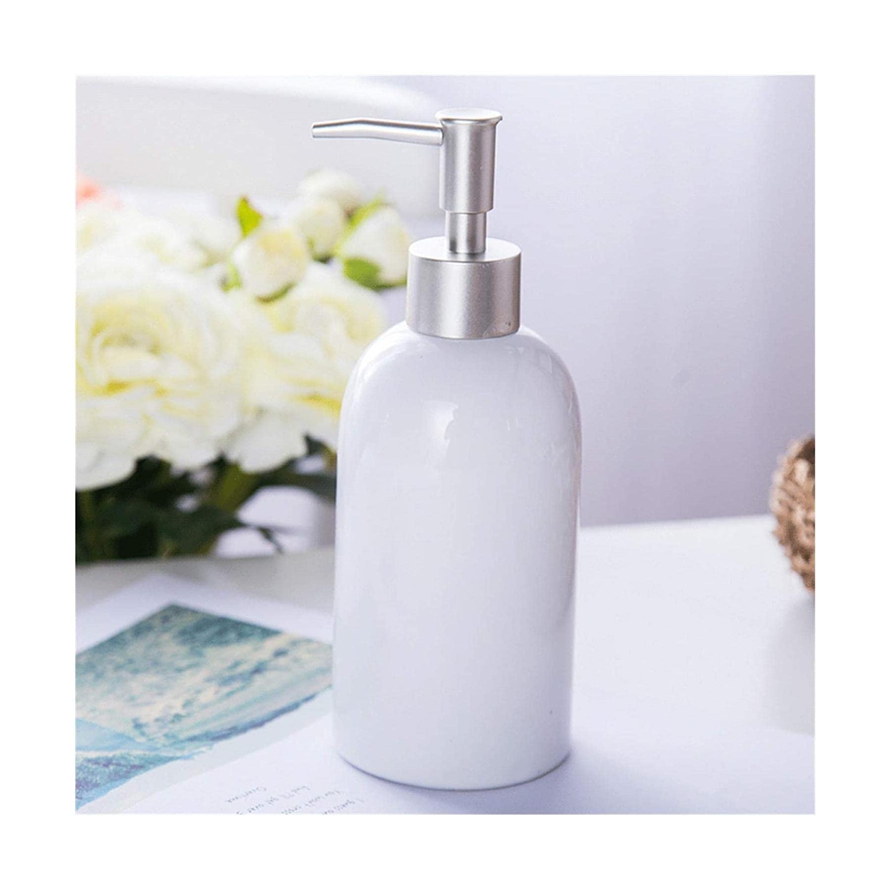 NZPOST Distributore di Sapone Ricaricabile Distributore di Sapone con Pompa in Argento Distributori di lozione cilindrici Distributore di Sapone in Ceramica Ricaricabile (Bianco)