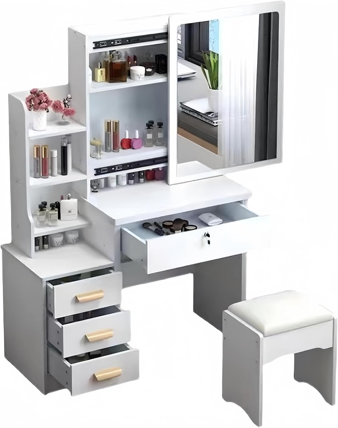 値下げ！ 長い瓶も収納 可マホガニー 三面鏡 ドレッサーデスク ロココ