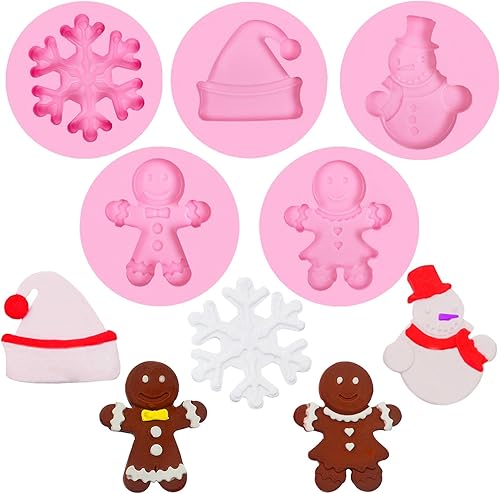 Molde de silicona para hombre de jengibre de Navidad, 5 paquetes con copo de nieve, Papá Noel, sombrero de Navidad, moldes de chocolate para