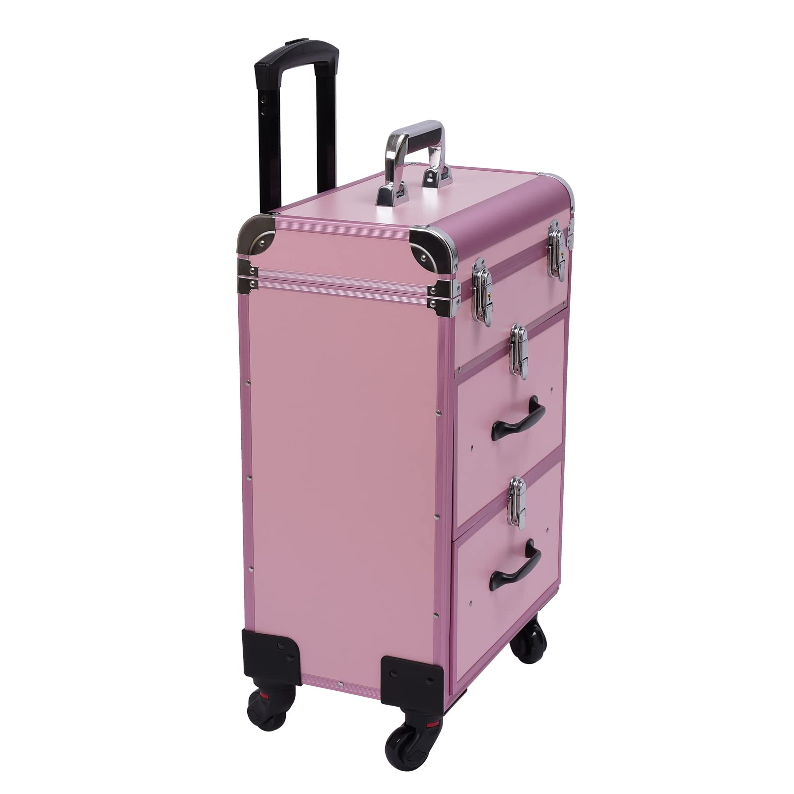 DUTTIETY Rolling Makeup Case Large Cosmetic Trolley with Locks Professional Makeup Train Case organizers for Salon Barber (Pink)