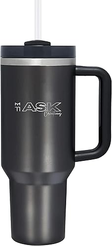 Ask HydroQuench 2.0 - Vaso de viaje de acero inoxidable aislado con popote reutilizable y funda de silicona (40.0 fl oz), color negro