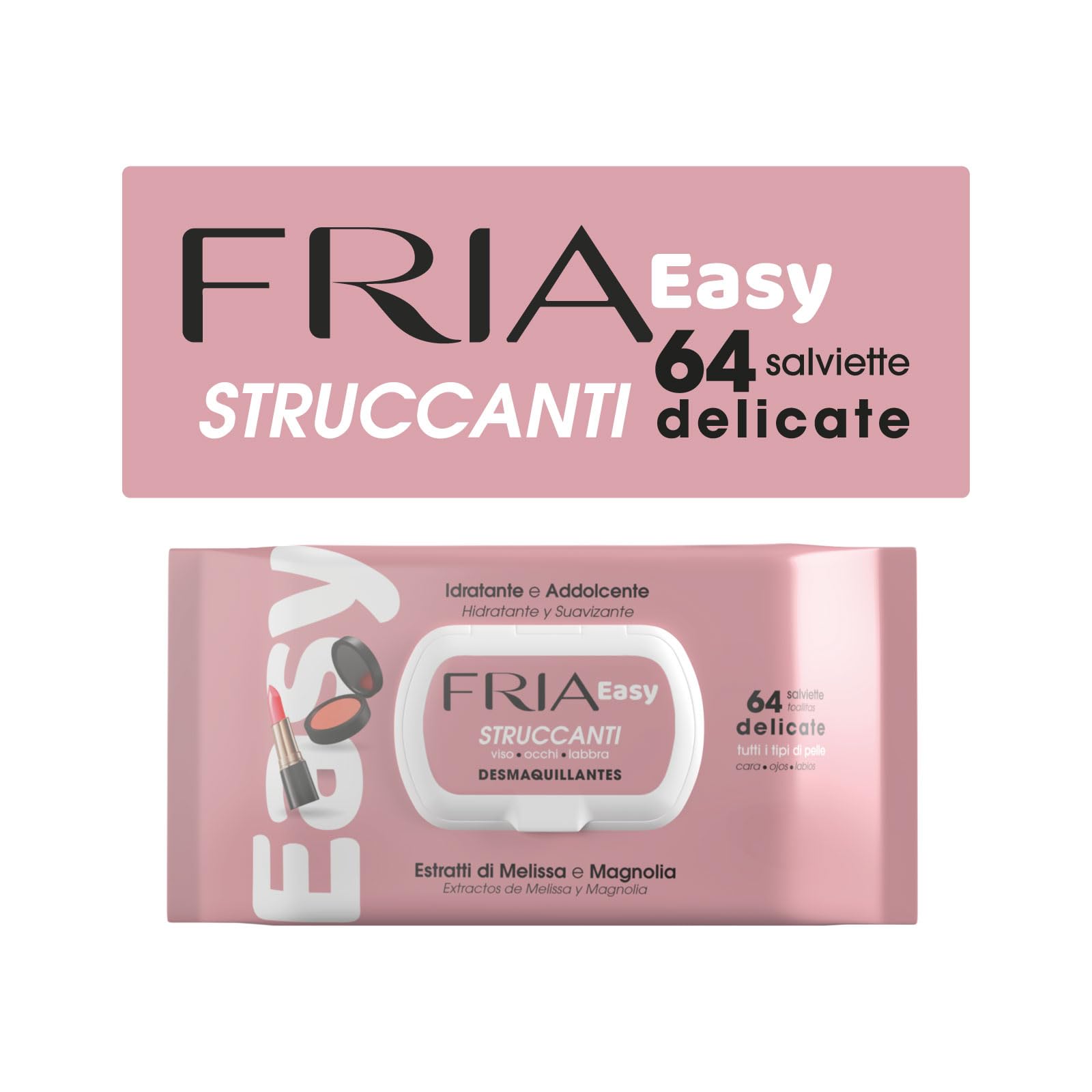 Fria Easy Salviette Struccanti, con Estratti di Melissa e Magnolia ad Effetto Idratante e Addolcente sulla Pelle, Dermatologicamente Testate, Confezione da 64 Salviette