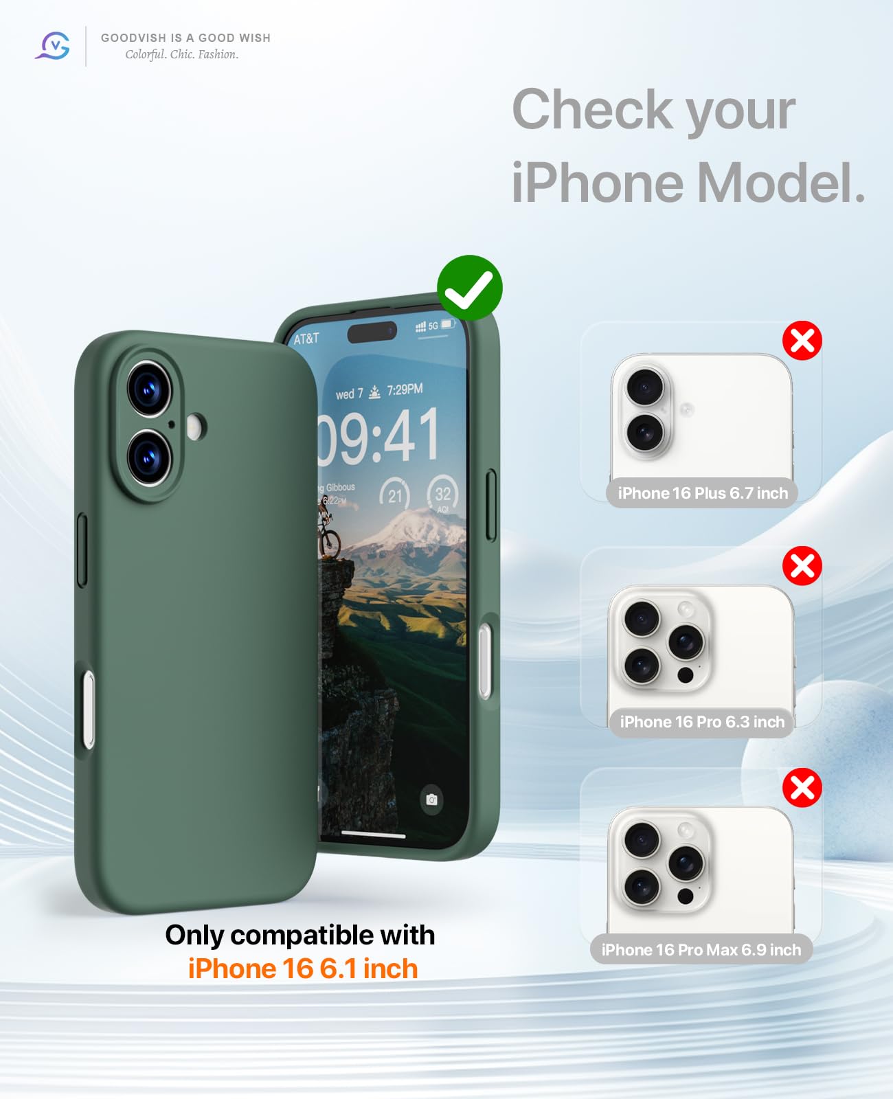 GOODVISH 3 in 1 Silicone Cover per iPhone 16 6.1", Custodia con 2 Pellicola Vetro Temperato [Protezione Fotocamera] 360° Protezione Anticaduta Case per Cellulare Antiurto Resistente, Verde Pino