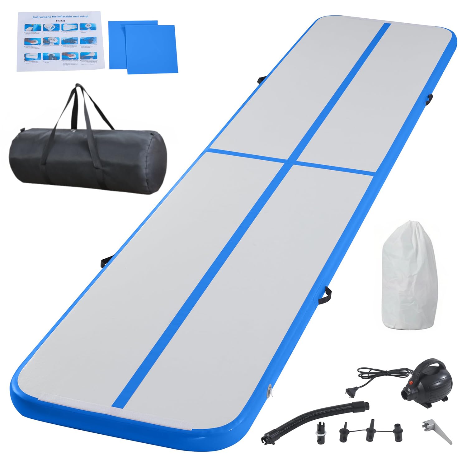 Inflatable Gymnastics Mat Tumble Track Gym Floor Mat 3M 4M 5M 6M Air Tumbling Training Track Thick 10cm with Electric Pump for Gymnastics Home Kids Tumble Training/Yoga/Water/Pilates (Blue, 4m/13ft)