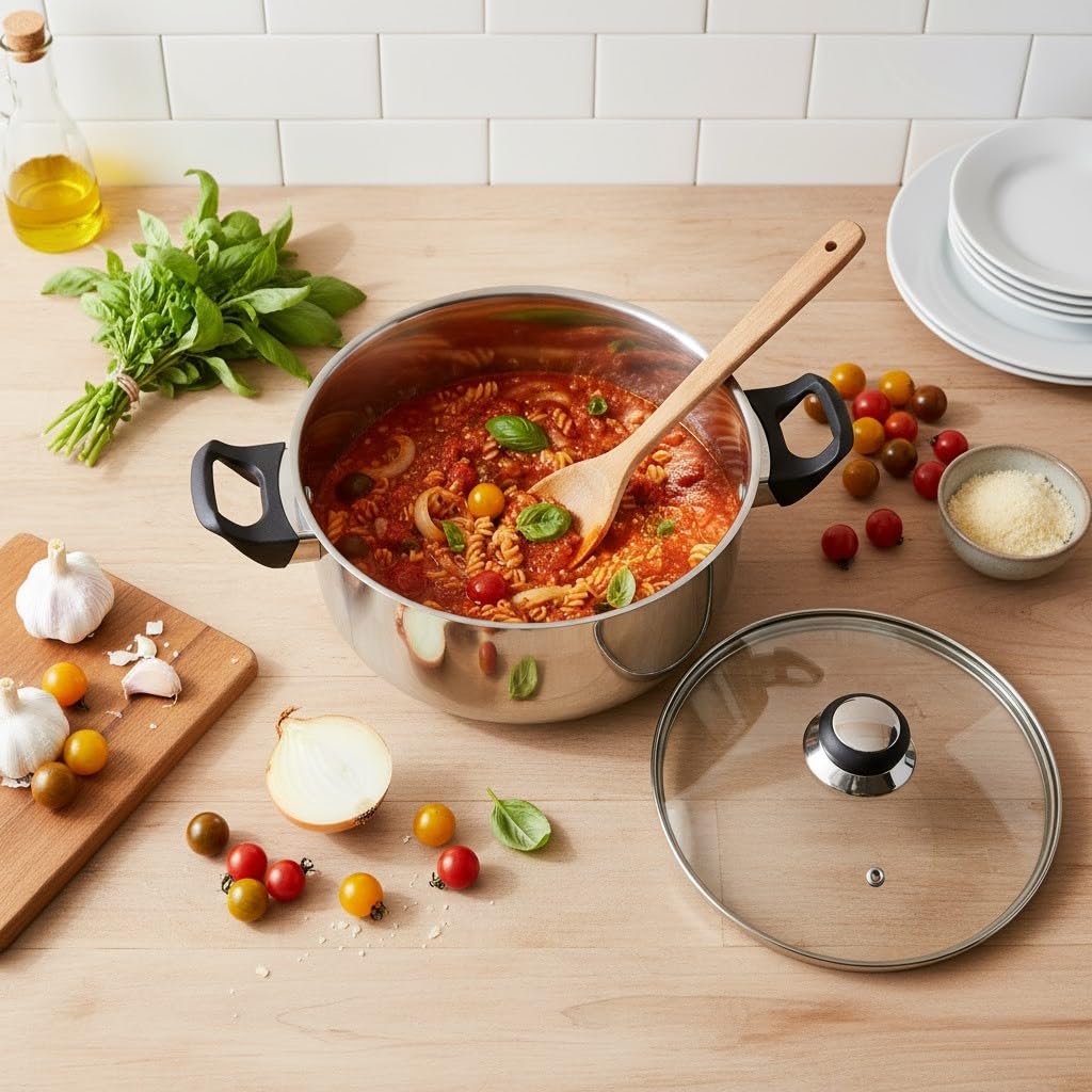 Quttin | Batería de Cocina de 12 Piezas de Acero Inoxidable Apta para Inducción, Gas y Vitrocerámica - Juego de 4 Ollas, 1 Cazo y 1 Sartén con Tapas de Cristal, Perfecta para Todas las Cocinas