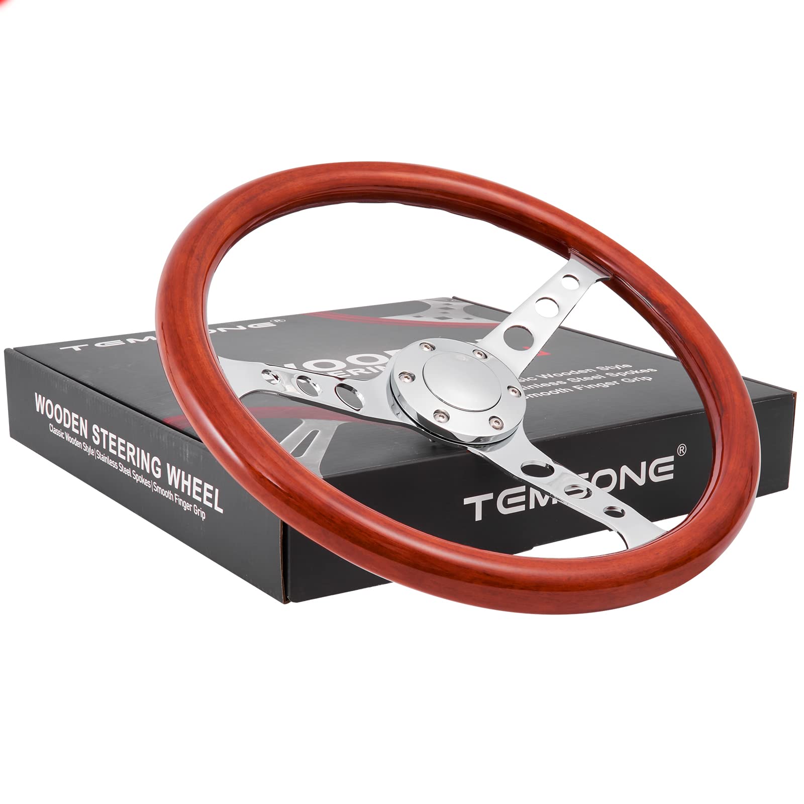 Photo 1 of TEMSONE 15" Inch Wood Steering Wheel Grain Billet Polished Spoke with 6 Bolts Horn Button Classic Vintage Nostalgia Style Finger Grip Wooden Steering Wheel of 2.1" Deep Dish Universal (3 Holes) SW-3 Holes