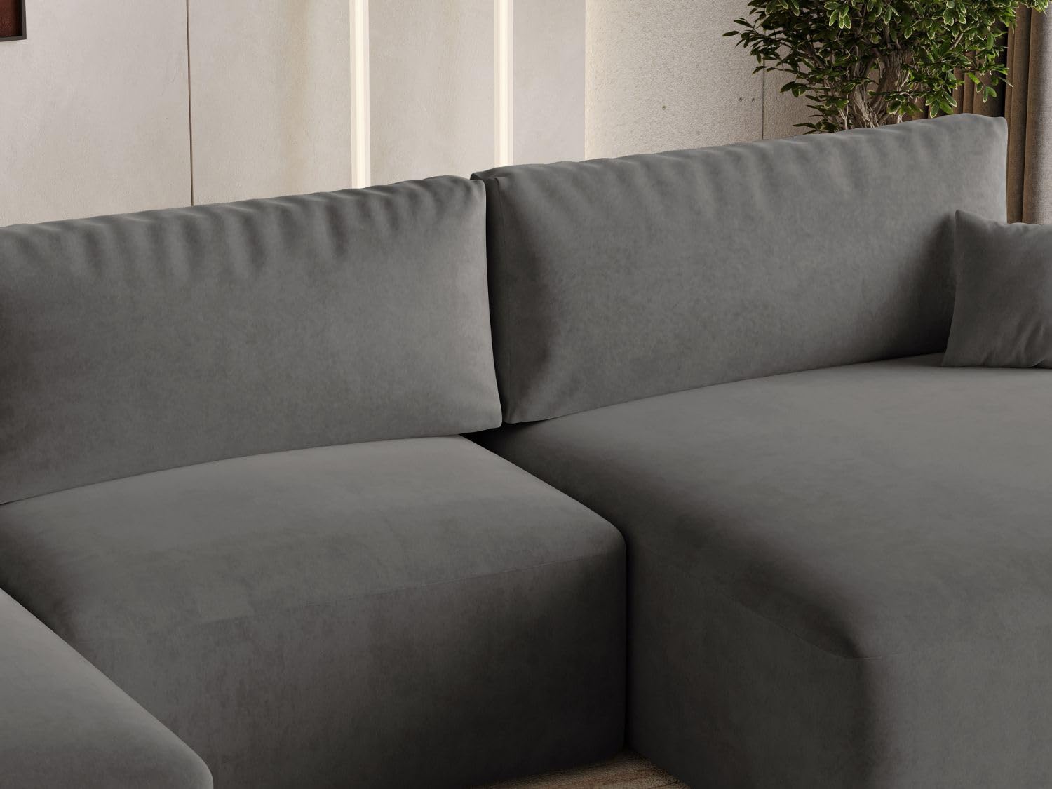 GRAINGOLD Serene U Ecksofa mit Schlaffunktion & Bettkasten 391x145 cm, U-Form Sofa mit Stauraum, Schlafcouch für Wohnzimmer, Velvet-Stoff, 5-Sitzer Wohnlandschaft, Modernes Design (Dunkelgrau)