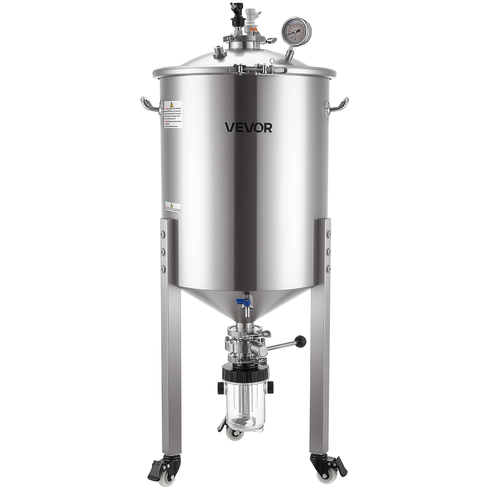 VEVOR Serbatoio di Fermentazione Conico per Produzione di Birra in Acciaio Inox da 60 Litri, Bollitore con Fondo Conico 3 Ruote, Botte di Fermentazione per Vino e Birra
