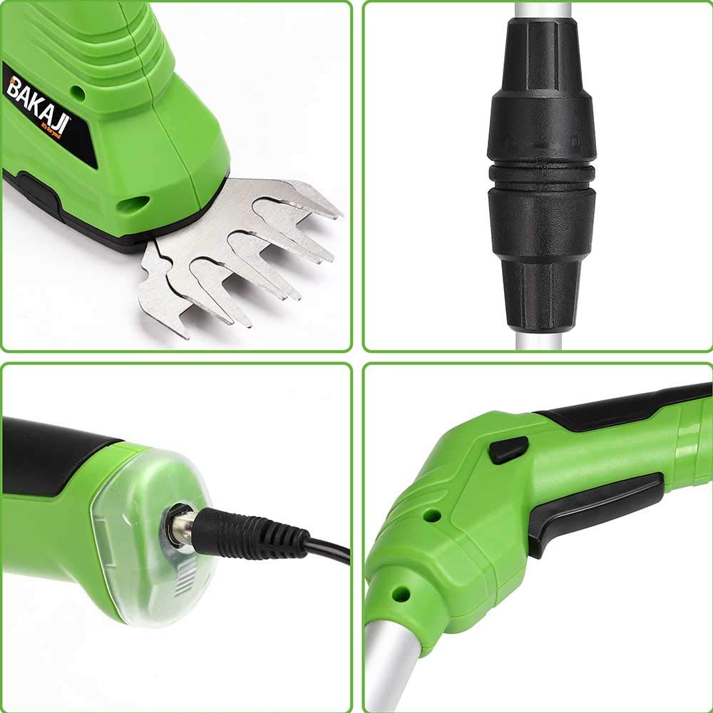 Bakaji Tijeras de podar eléctricas a batería con mango telescópico extensible, cortasetos, desbrozadora, cortasetos, 2 cuchillas intercambiables de 9 cm y 17 cm de acero