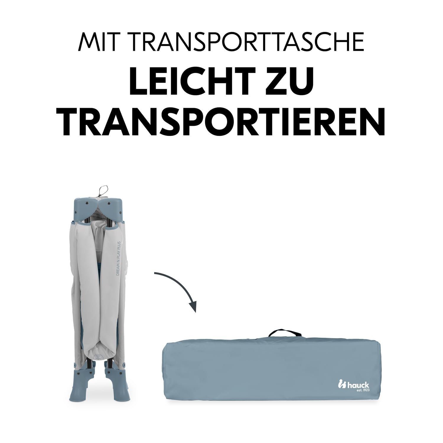 hauck Reisebett Baby mit XL Spielöffnung, Dream N Play Plus Dusty Blue | Klein zusammenklappbar mit Tragetasche ab Geburt bis 15 kg / 3 Jahre, 2in1 Kinderreisebett & Laufstall (ohne Matratze)