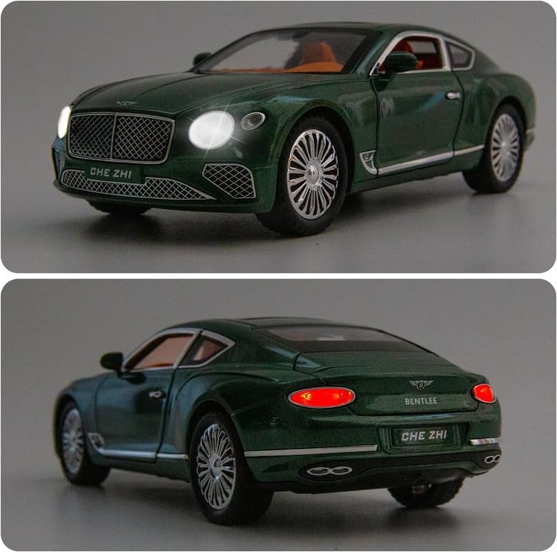 Image of New 1:24 Bentle Continental Diecast Alloy Metal Pull Back Car with Openable Doors Music Sound and Light Vehicle Toy Car for Kids Boys (Green)