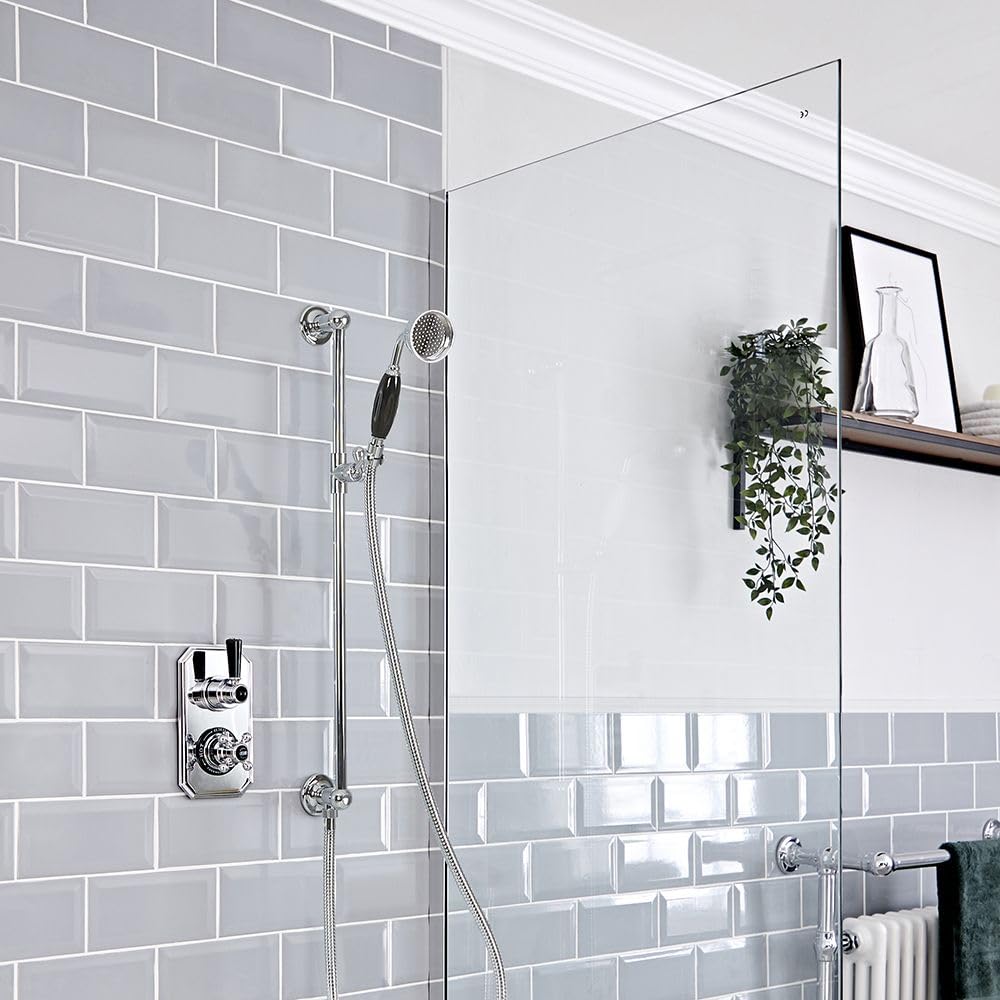 Milano Chrome & Black Elizabeth Thermostatic Mixer Valve Riser Rail Hand Shower Kit - Chrome Black