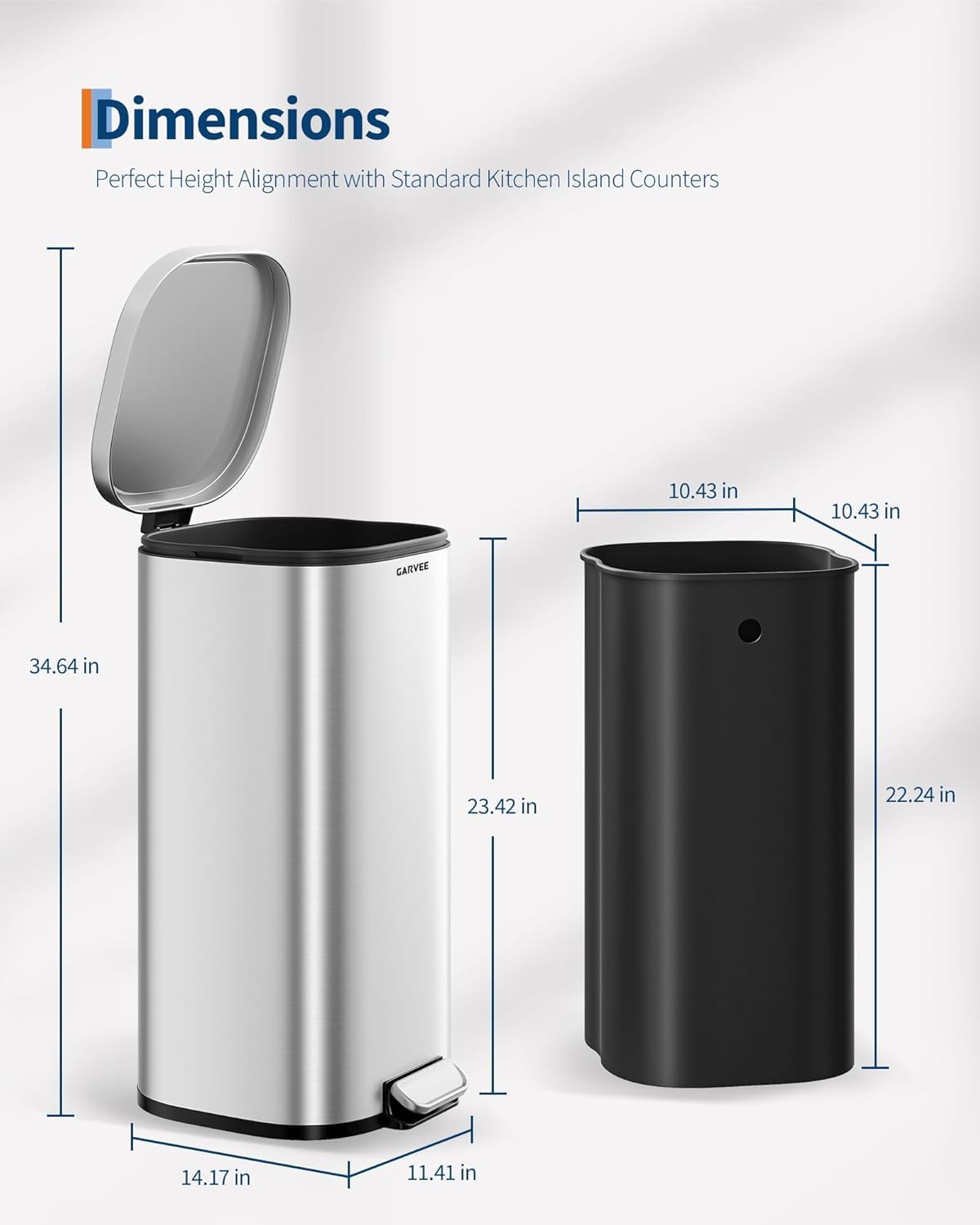 GarveeHome Papelera de cocina rectangular de acero inoxidable doble compartimento 30L+6L con pedal, tapa suave, cubo interior de PP, diseño duradero, ideal para reciclaje, color blanco