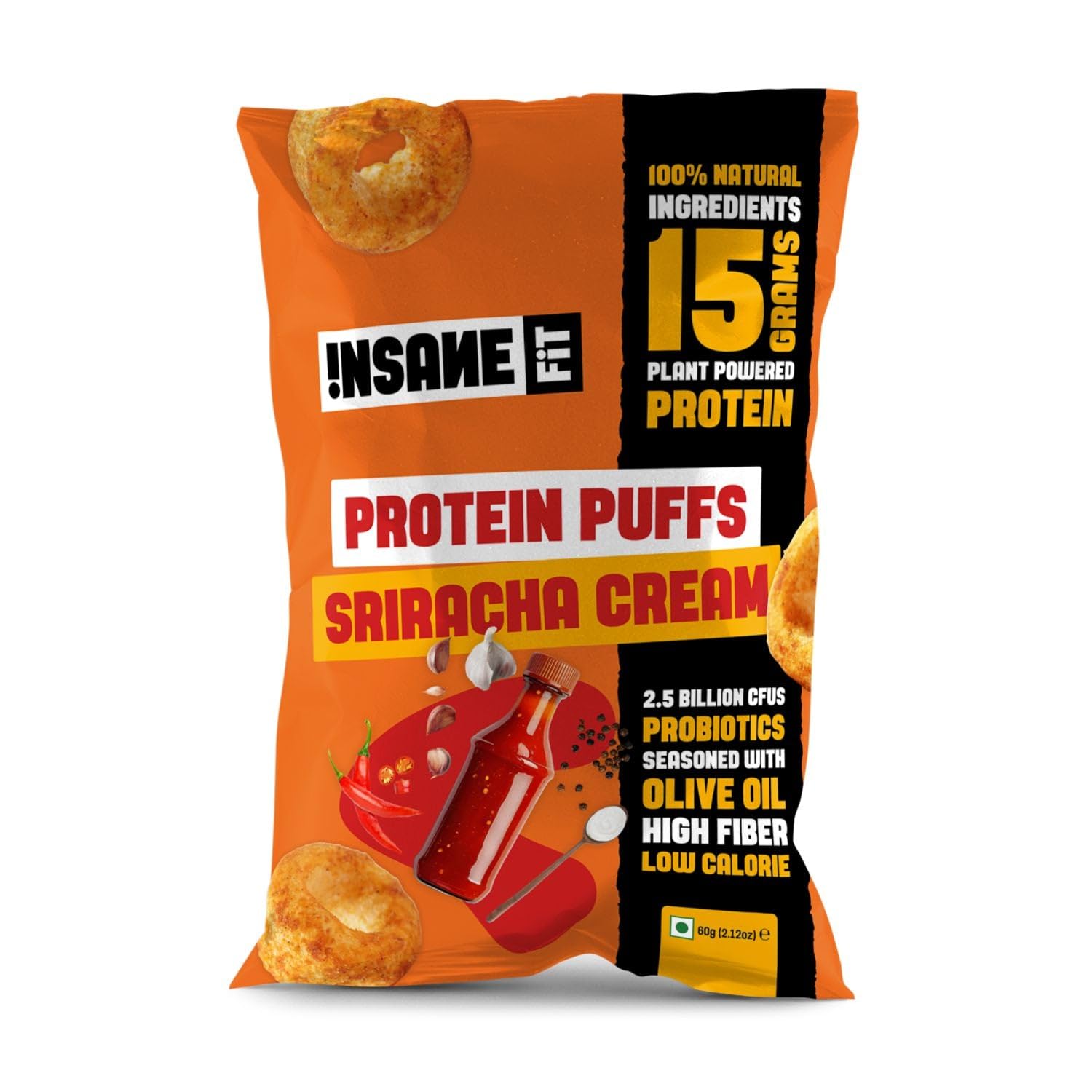 Insane Fit - PROTEIN PUFFS Sriracha Cream (6 x 60G) | 15G Daily Protein, Low Calorie, High Fibre, PRObiotics | Roasted, Seasoned with Olive Oil | Gluten free | Healthy Snack for Fitness & Diet
