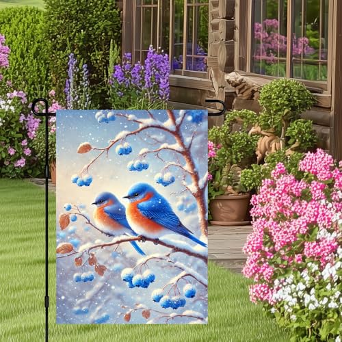 Image of BlissYard Snowy Bluebird Bird Winter Garden Flag 12x18 Inch Polyester