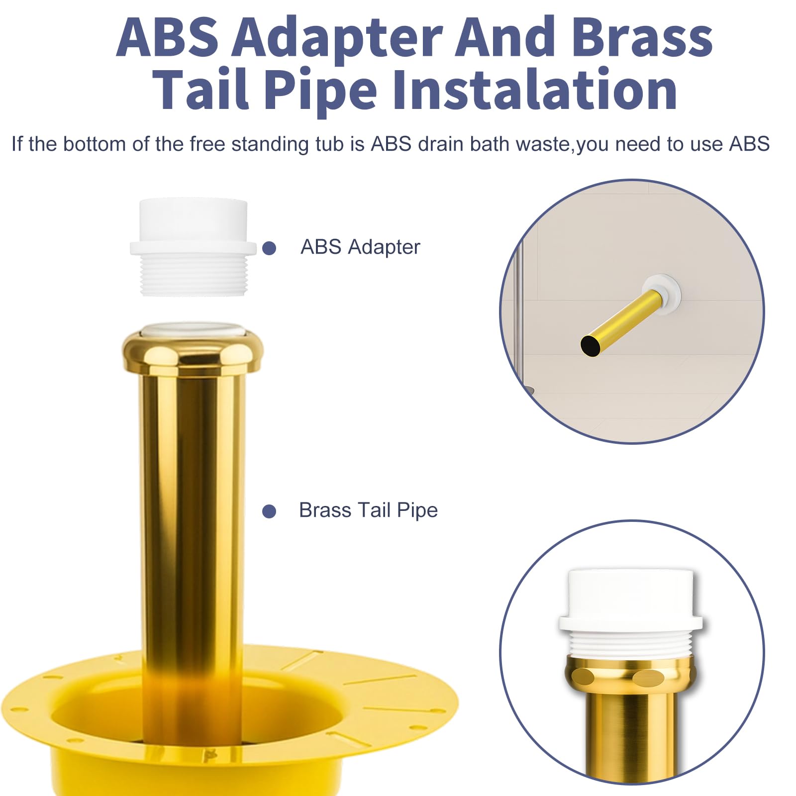 Freestanding Bathtub Drain Rough-in kit, 1-1/2” Drainage Pipe Fitting Tub Kit with ABS Plastic Adapter, Brass Tail Pipes, Tub Drain for Freestanding Bathtub, Floor Mounted Bathtubs - 3