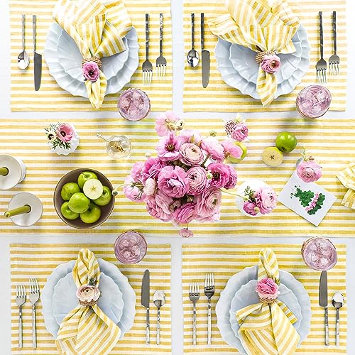 Image of Solino Home 100% Pure Linen Placemats, 14 x 19 in, Yellow Striped, Set of 4 | Amalfi Stripe, define each seat for daily meals and dining, woven stripe, European flax fibres, soft, OEKO-TEX Certified