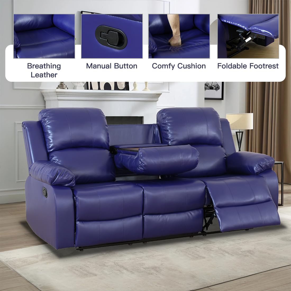 Toseslo Living Room Furniture Set, Manual Reclining Sofa Set, Blue Leather Recliner Couch Sets with Drop-Down Table, Recliner Sofa with Storage Console/Cup Holder for Living Room/Apartment view 4