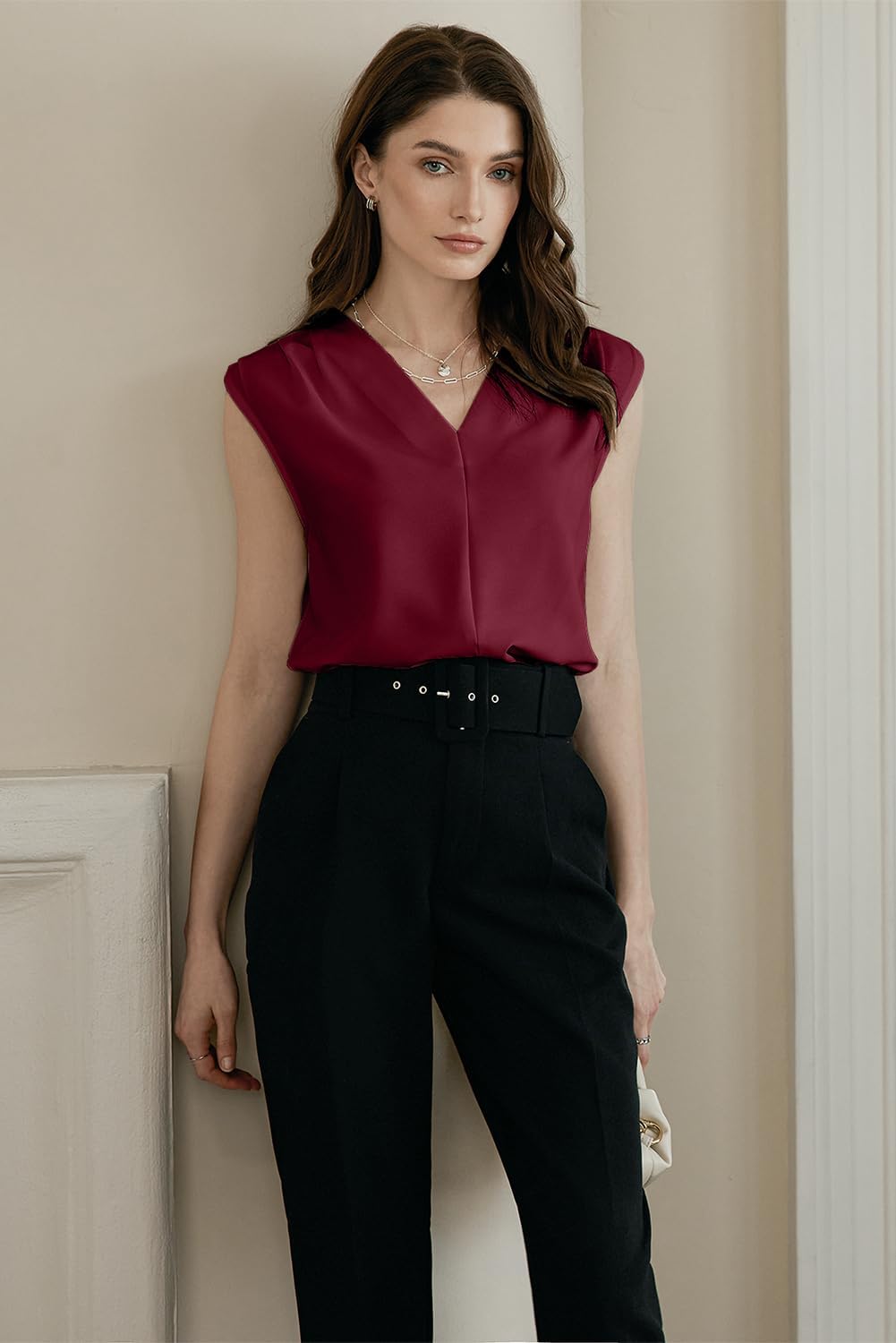 EVALESS Women's Pleated V Neck Sleeveless Tank Top - Image 2