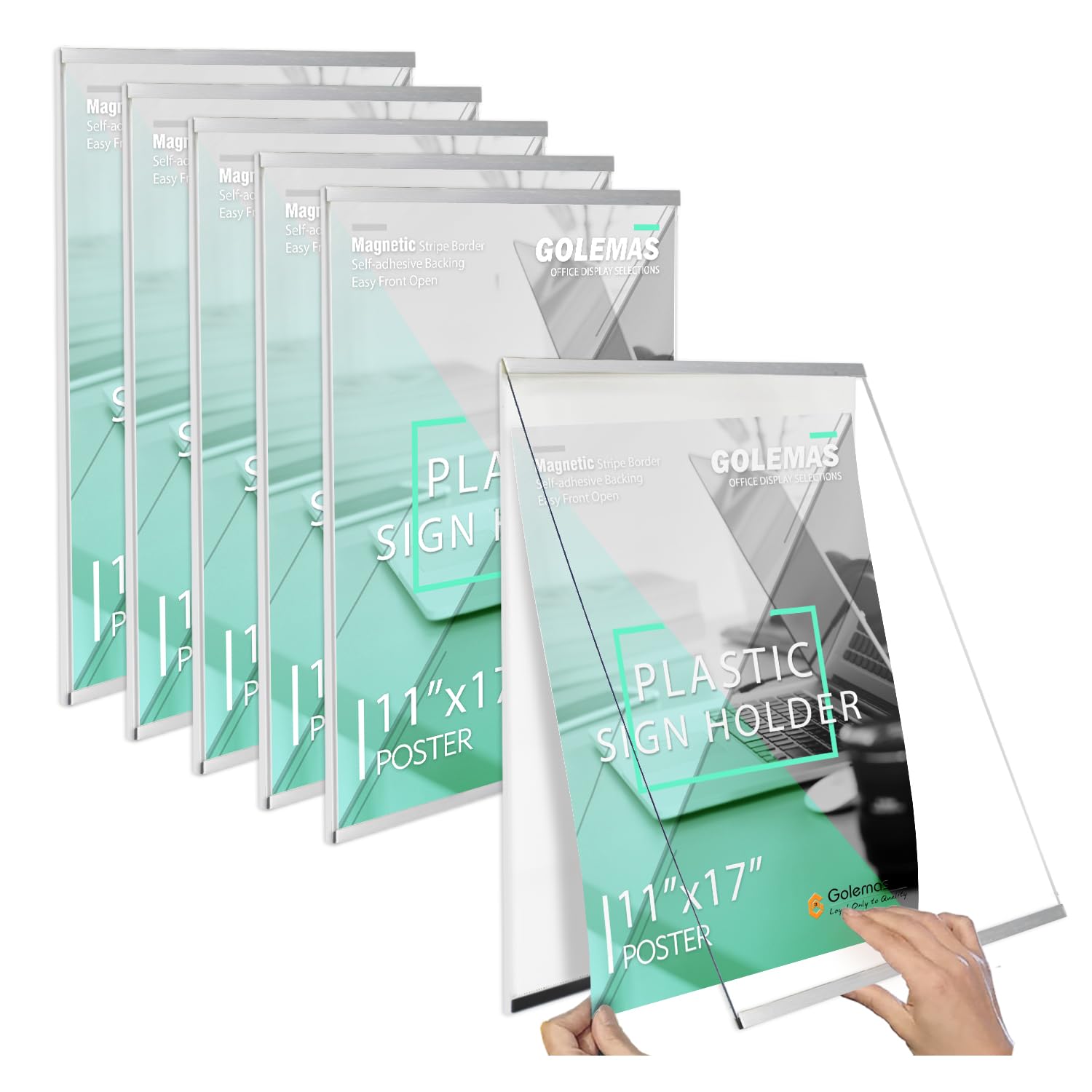 Golemas Acrylic Magnetic Sign Holder, Easy-Opening 11 x 17 Wall Mount Display Frames, Self Adhesive Back Plastic Clear Document Frame, Silver