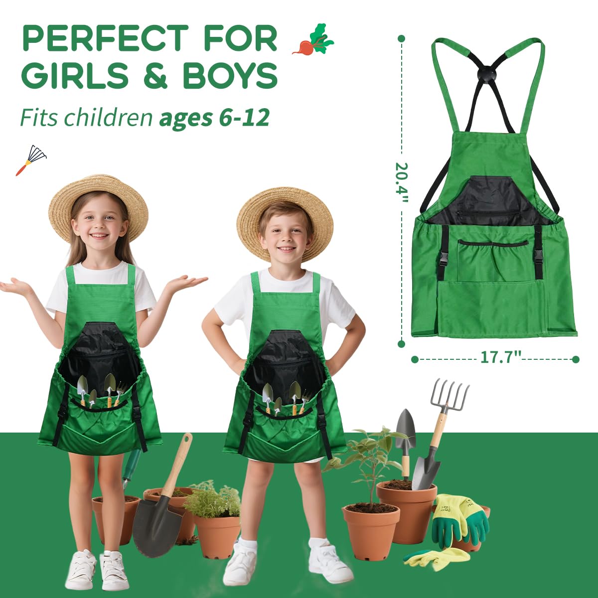 Floradrift Kids Gardening Apron,Canvas Garden Apron with Pockets and Harvesting Pouch for 6-12 Grils and Boys,Great Gifts for Kids,Green
