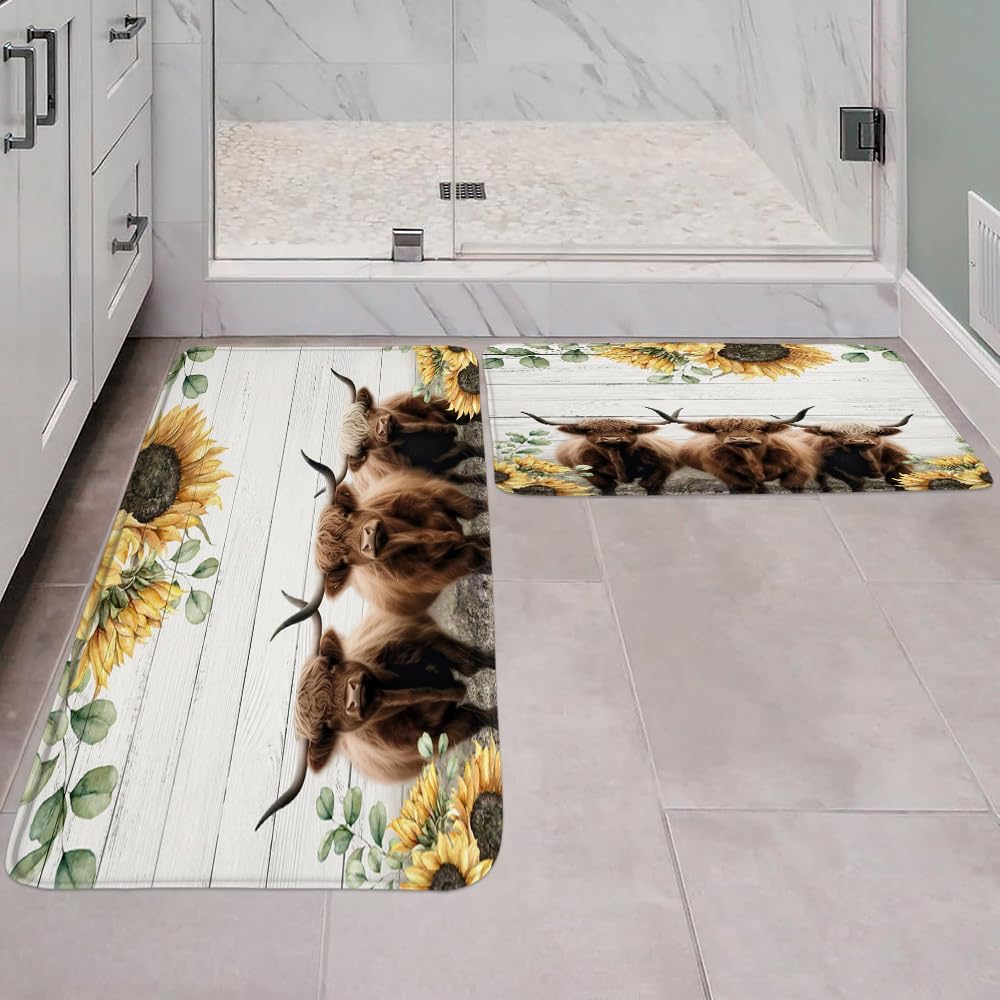 2 Pieces Set Highland Cow Bath Mat Longhorn Cattle Farm Animal Bull Rustic Farmhouse Sunflower Flower Western Country Vintage Wooden Bathroom Rugs Indoor Corridor Toilet Decor