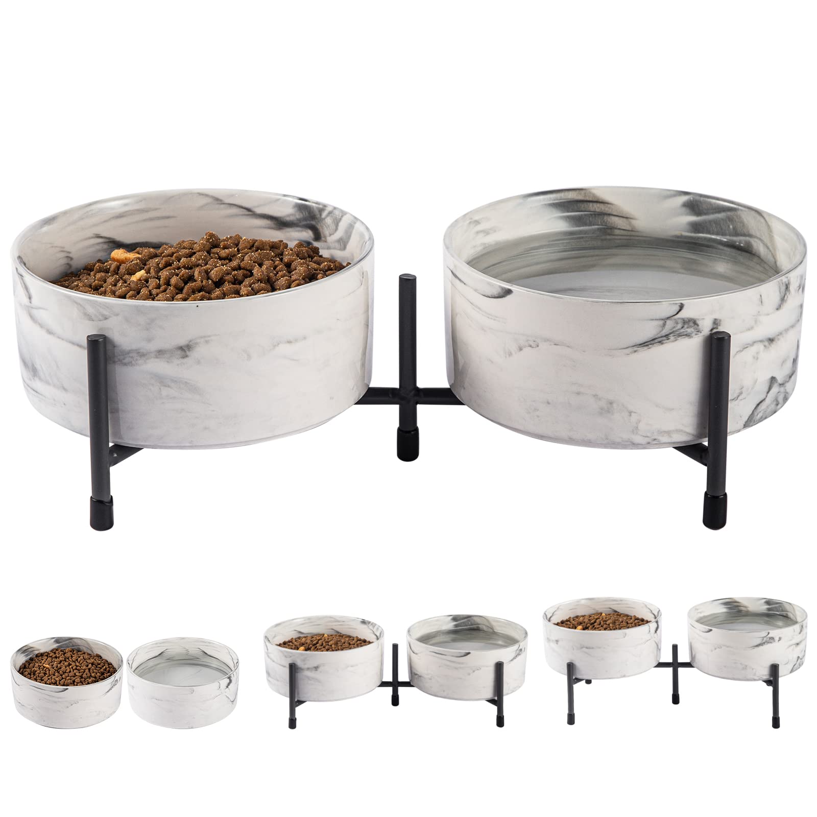 6 Inch Raised Ceramic Dog and Cat Bowl with Iron Stand, 32 OZ Modern Elevated Food and Water Bowls for Cats & Dogs, No Spill Porcelain Pet Feeder, Set