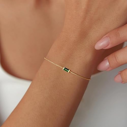 14K Gold Plated Bracelet for Women Birthday Dainty Birthstones Waterproof Christmas Gold Plated Womens Jewelry Bracelet Gifts Adjustable for Women Trendy 6.3+1.2 Inch Extend