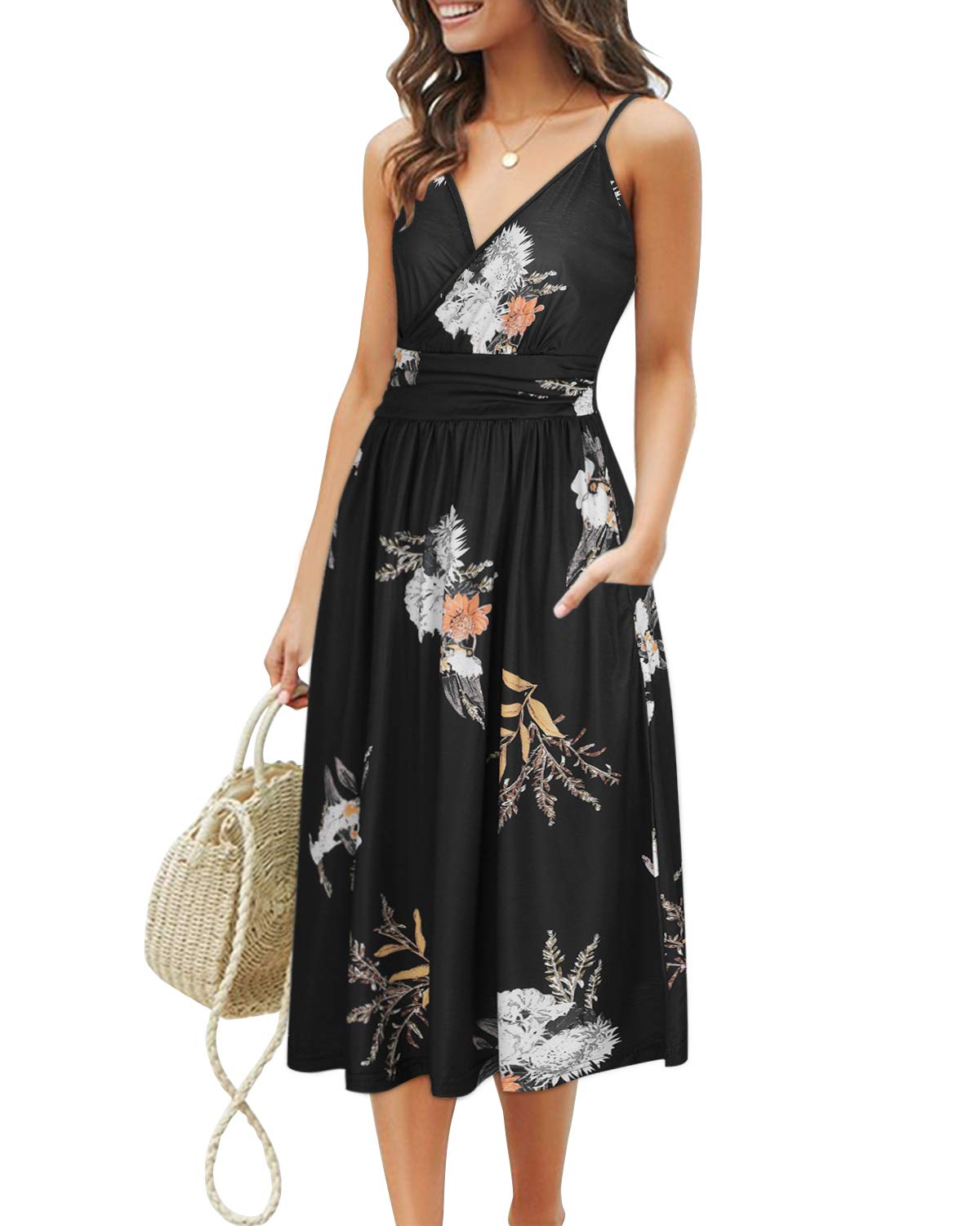 OUGES Women's Summer Spaghetti Strap V-Neck Floral Short Party Dress with Pockets