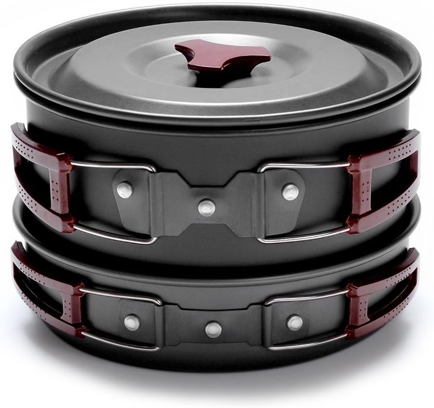 Honest Portable Camping cookware Mess kit Folding Cookset for Hiking Backpacking 10PC（1L）/11PC(2L) Lightweigh Durable Pot Pan Bowls Spork with Nylon Bag Outdoor Cook Equipment