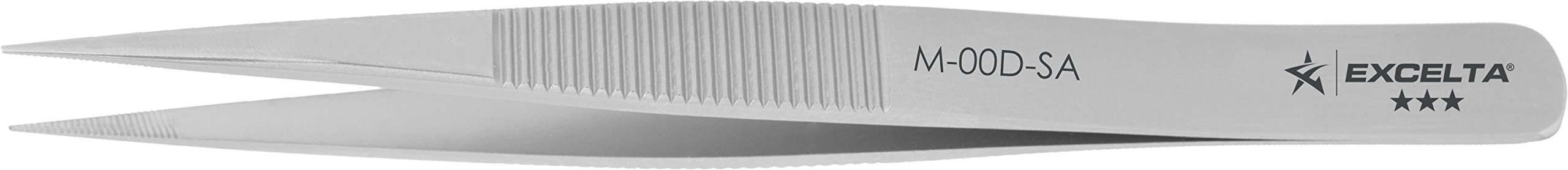 Excelta M-00D-SA Miniature Straight Medium Pointed Tweezer, Serrated Tips and Handle, Neverust Stainless Steel, 3.38" Length, Conductive Surface