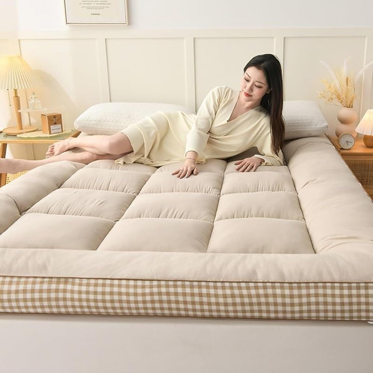 Japanische Boden-Futonmatratze, Verdickter Klapp-Futon, Twin/Full/Queen, Schlafsofa, Faltbares Roll-Up-Gästebett, Tragbare Campingmatte, Isomatte, King(Khaki,35.4"x79")