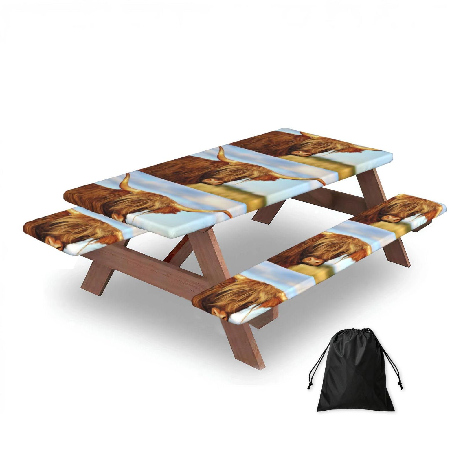 Dopklna As Picture Highland Cow Printed, Picnic Table Cover With Bench Covers -Waterproof Elastic Fitted Tablecloth For Garden Camping Patio 76X152cm