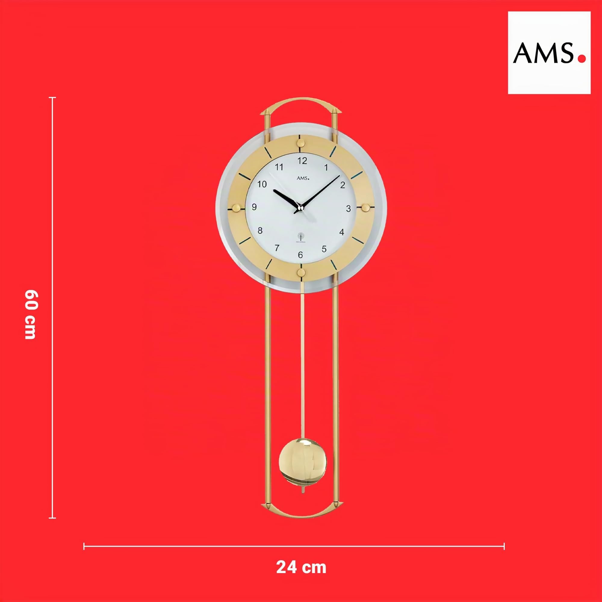 AMS 5255 Wanduhr - mit Funkpendelwerk, Elegante Funkpendeluhr, Uhr mit Pendel, Funkwanduhr mit arabischen Ziffern, Facettiertes Mineralglas, Pendeluhr für Wohnzimmer & Büro, Maße: 24 x 60 x 6 cm