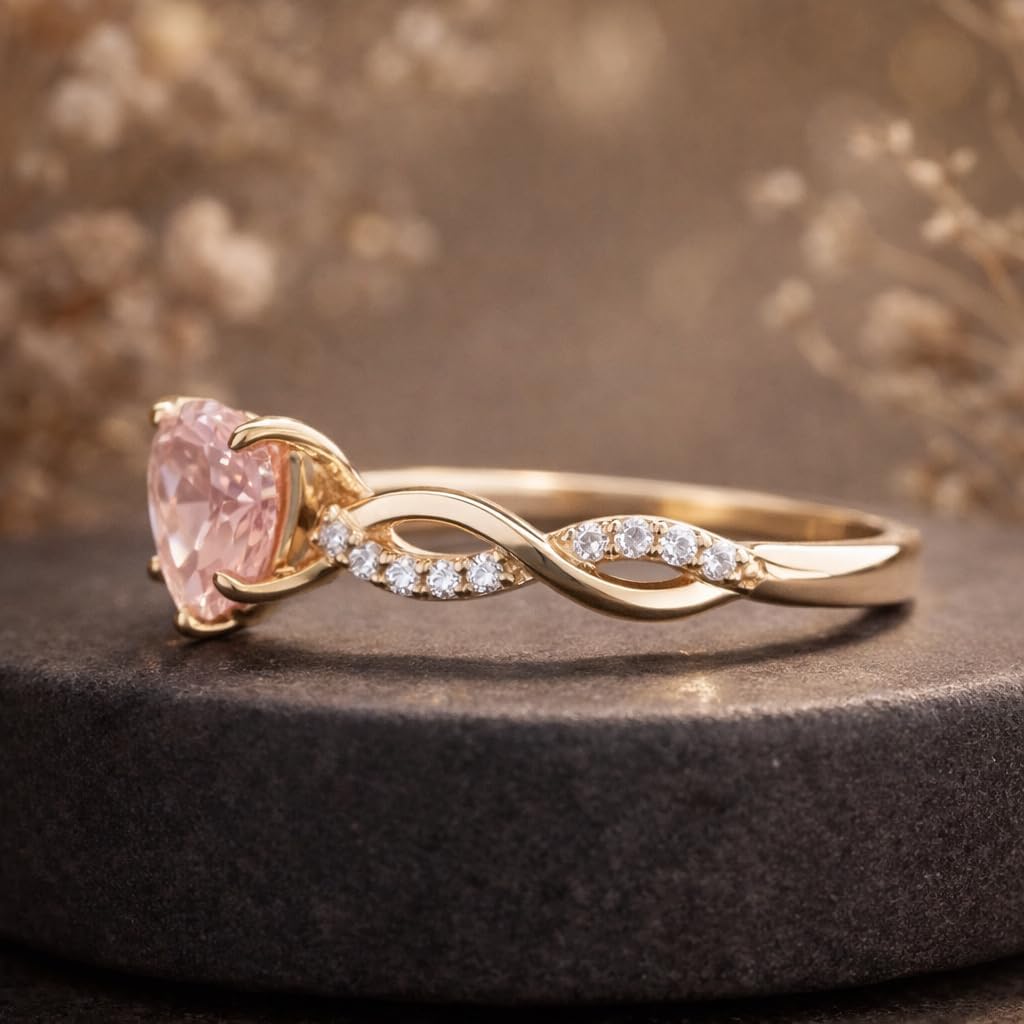Heart Cut Pink Sapphire Engagement Ring for Women 14K Yellow Gold Plated Infinity Band Ring with Sparkling CZ Accent Stone Romantic Promise Anniversary Jewelry Gift for Her