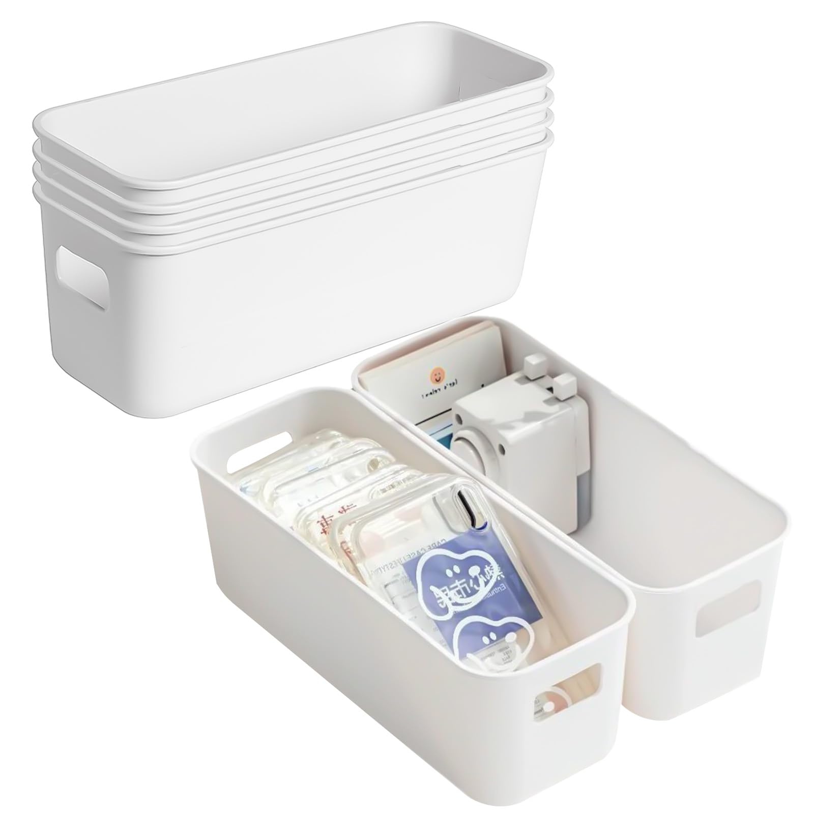 Xmshyodsm White Narrow Storage Box, 6 Pack Bathroom Storage Baskets, Narrow Storages Box Plastic Storages Baskets With Handles Kitchen Cupboard Organiser For Bathroom Cabinet Drawers Desktop(23×8×9Cm)
