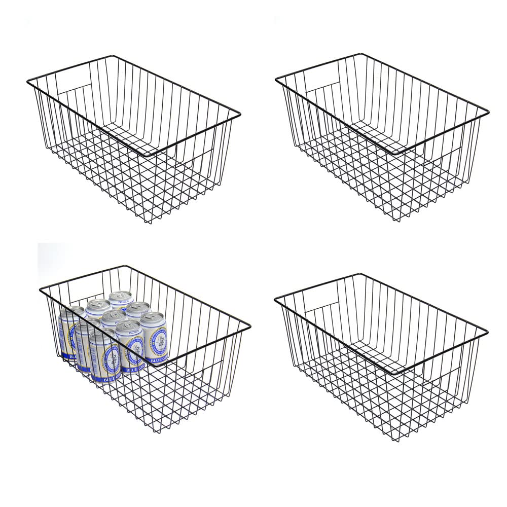 Y.Z.Bros 16inch Freezer Wire Storage Organizer Baskets, Household Refrigerator Bin with Built-in Handles for Cabinet, Pantry, Closet, Bedroom Black,
