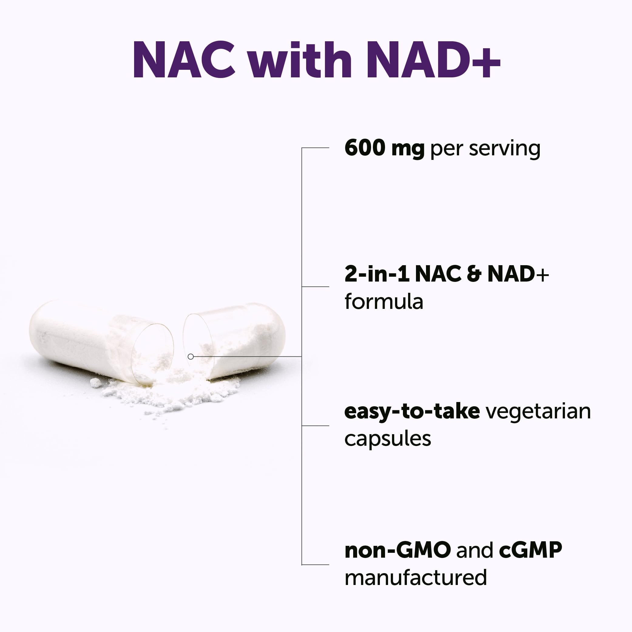 Micro Ingredients NAC with NAD+ 600 mg Per Serving, 240 Vegetarian Capsules | 2-in-1 N-Acetyl-L-Cysteine with Nicotinamide Adenine Dinucleotide | Non-GMO, Gluten Free — Amazon image 2