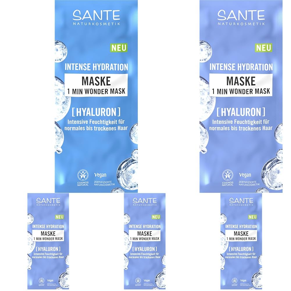 Sante Naturkosmetik Intense Hydration 1 Min Wonder Mask, intensive Sofortpflege für Feuchtigkeitsbedürftiges Haar mit Hyaluron & 3-Fach Protein Komplex, für Normales bis Trockenes Haar, vegan, 20ml