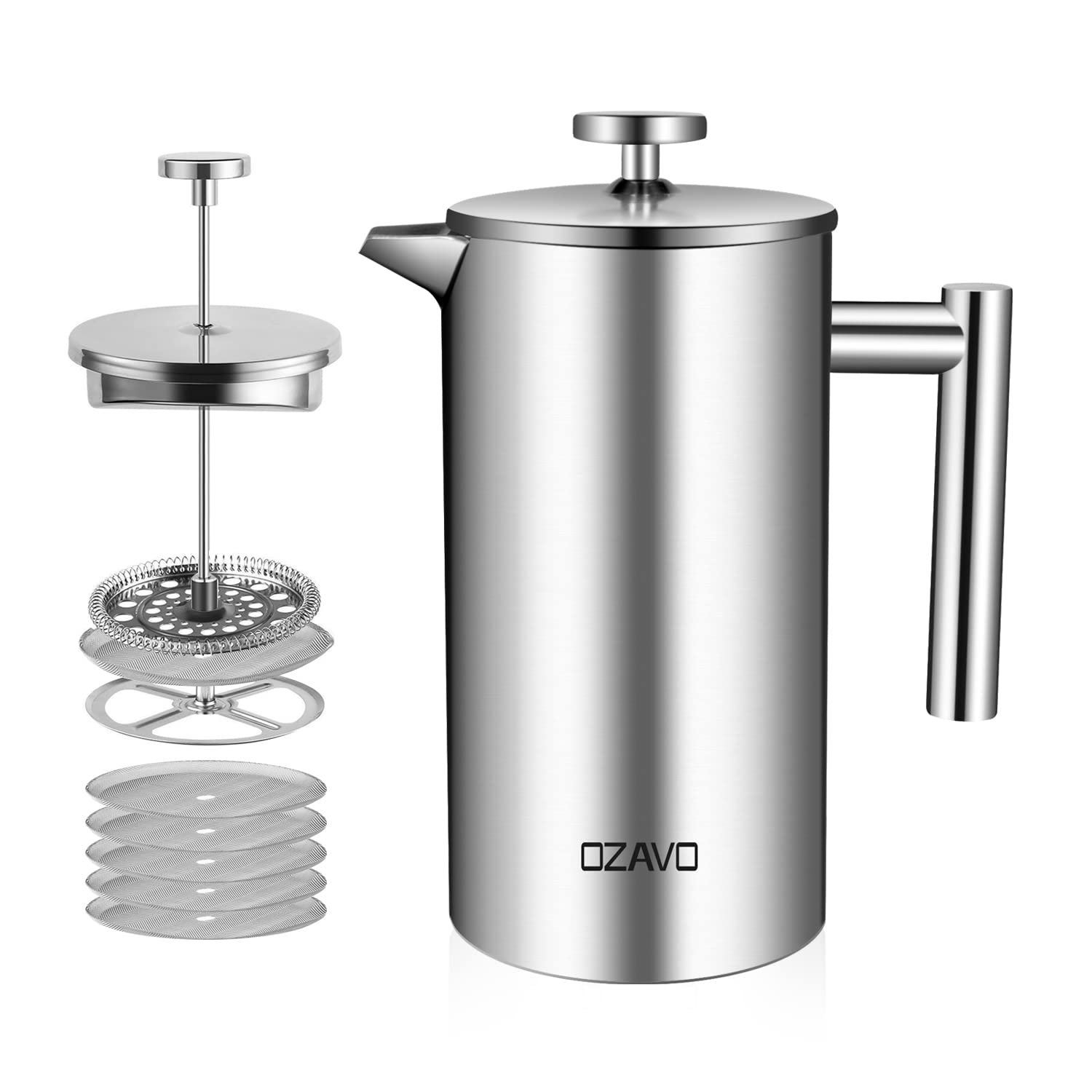 Kaffeebereiter 1L French Press Edelstahl Thermo | Doppelwandig Isoliert, 5 Edelstahlfilter, Zweilagige Konstruktion, 1000ML