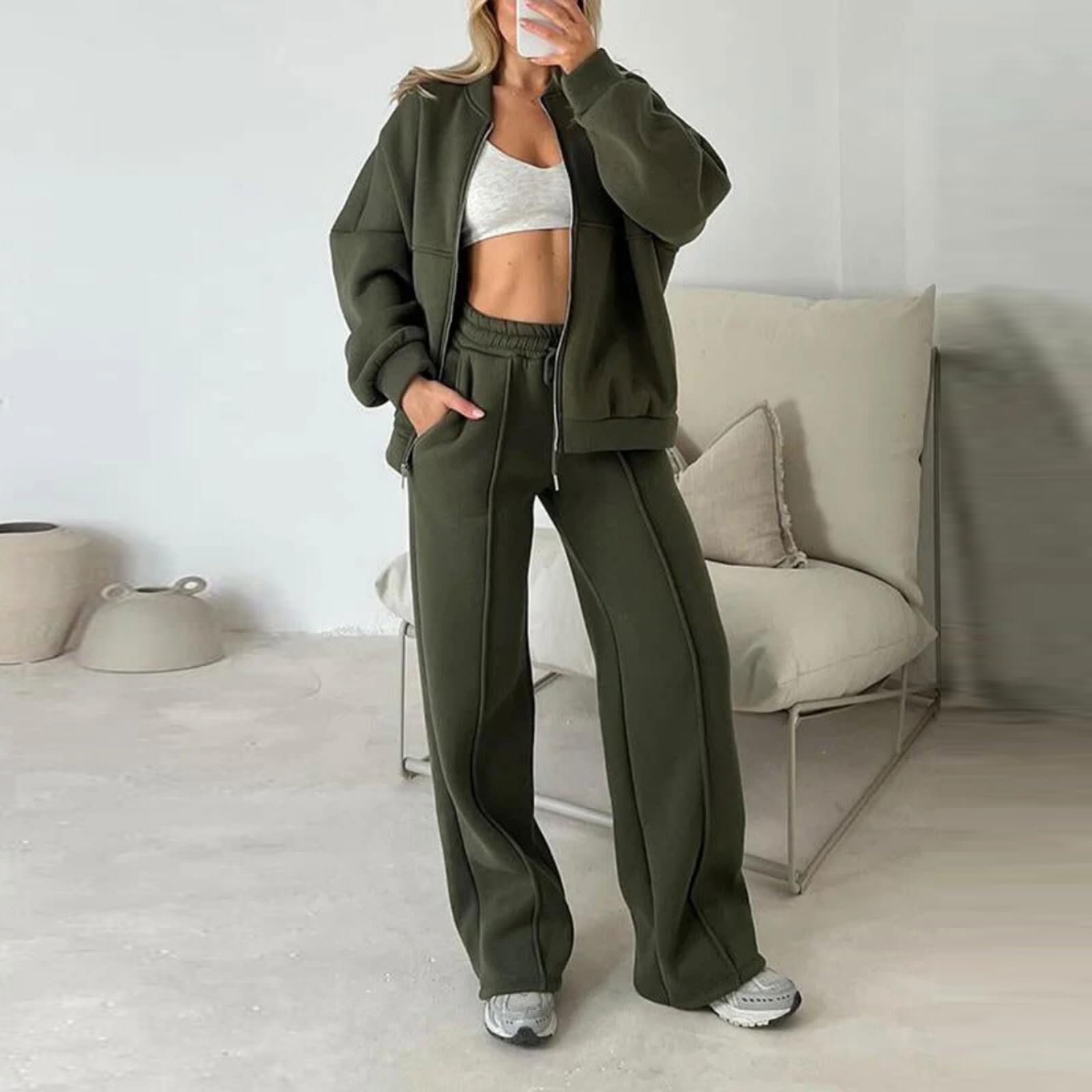 Greabuy Conjunto deportivo de 2 piezas para mujer con capucha y cremallera y pantalones deportivos de pierna ancha, con bolsillos