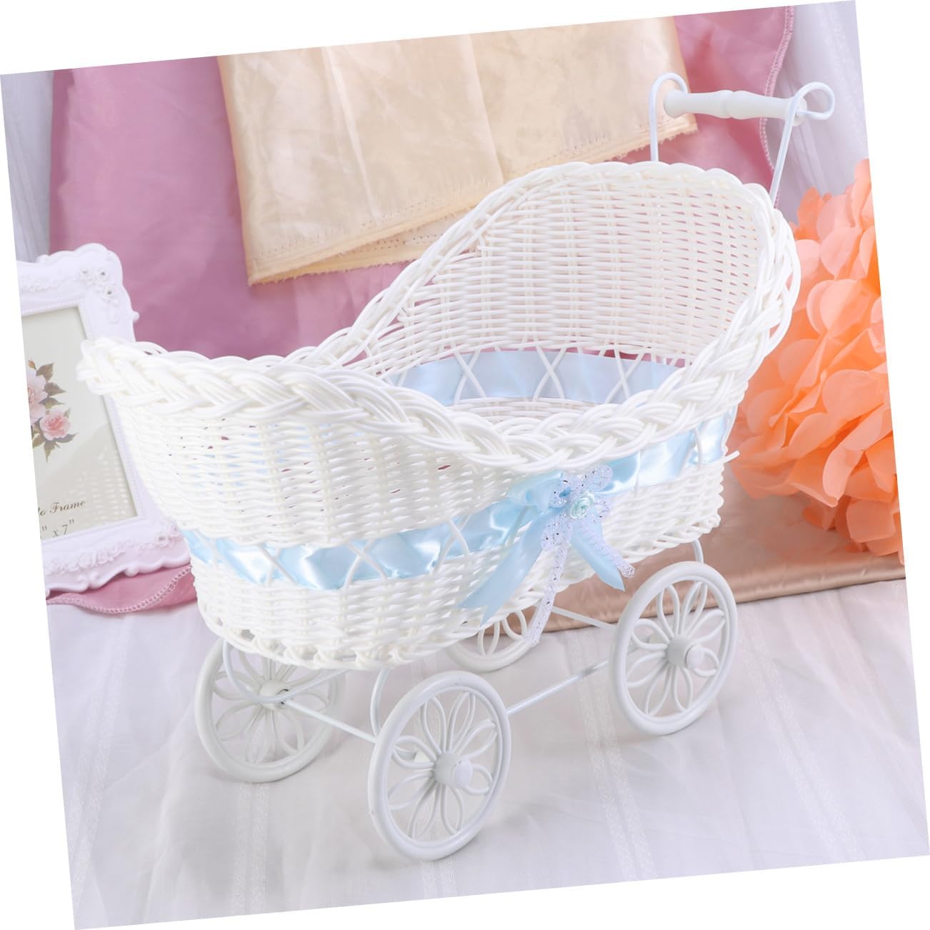 Cabilock Blue Rattan Mini Stroller Flower Basket Cane Cloth Knitted Tricycle Ornament Vintage Carriage Decor for Wedding Shower Birthday Party Home and Outdoor Furnishing